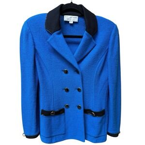 St John Collection Vtg Royal Blue Knit Blazer Black Trim Double Breasted.Sz 6